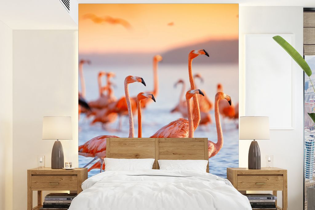 MuchoWow Fototapete für Wohnzimmer oder Schlafzimmer Wandtapete Vinyl Motivtapete Flamingo - Tiere - Wasser - Rosa - 205x280 cm - Wandbild