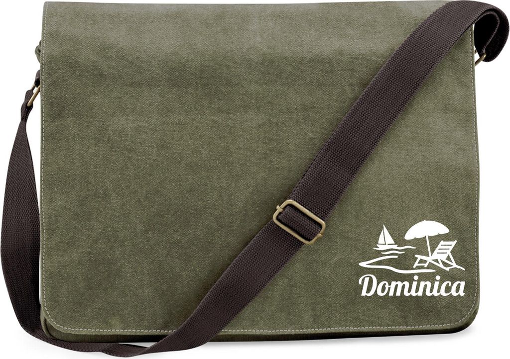 Huuraa Umhängetasche Dominica Inselmotiv Karibik 14 Liter Military Green Canvas Laptoptasche Geschenkidee