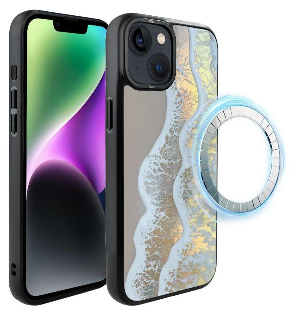 Schutzhülle für das iPhone 14 Plus, MagSafe-kompatibel, mattschwarze Seiten, Meer, goldene Welle