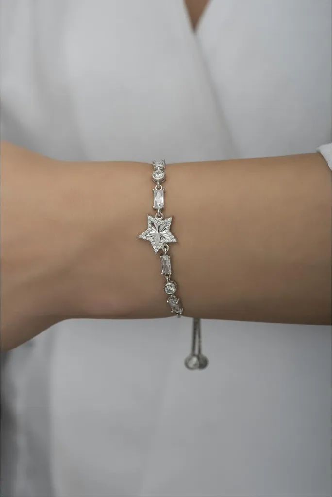Bracelet étoile argent 925 rhodié et zircone baguette haute brillance