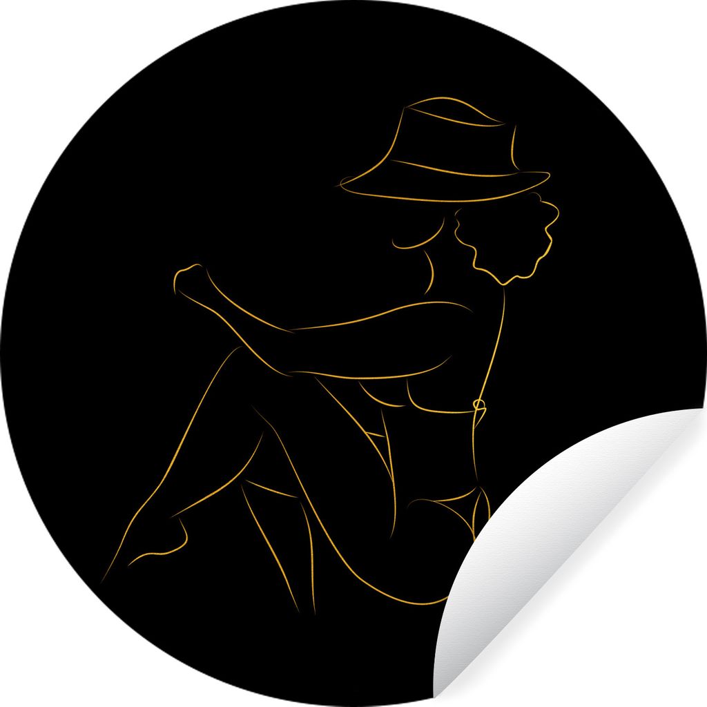 MuchoWow Runde Wandtattoo - Wandsticker Tapete Aufkleber Frau - Hut - Schwarz und Gold - Strichzeichnung Ø 100 cm Selbstklebend und Repositionie...
