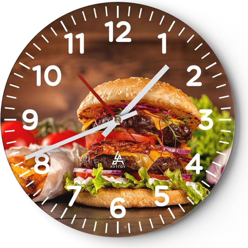 Wanduhr - Rund - Glasuhr - Hamburger Sandwich - 30x30cm - Schleichendes Uhrwerk - Lautlos - zum Aufhängen bereit - Dekoration Modern - Wanddekorat...