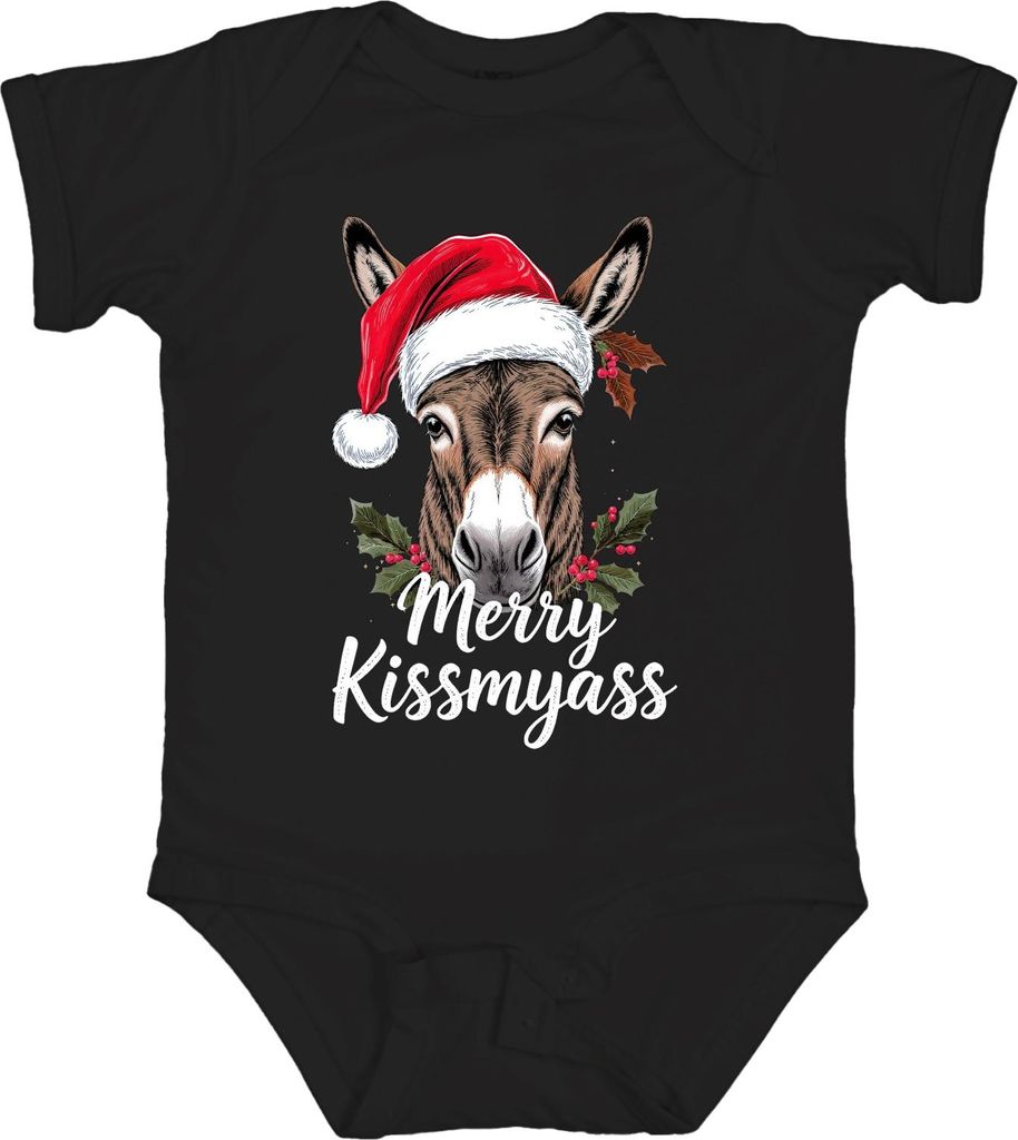 Merry Kissmyass lustiger Esel Weihnachtsesel Weihnachtsmütze Unisex Baby Body, Schwarz, 0/3