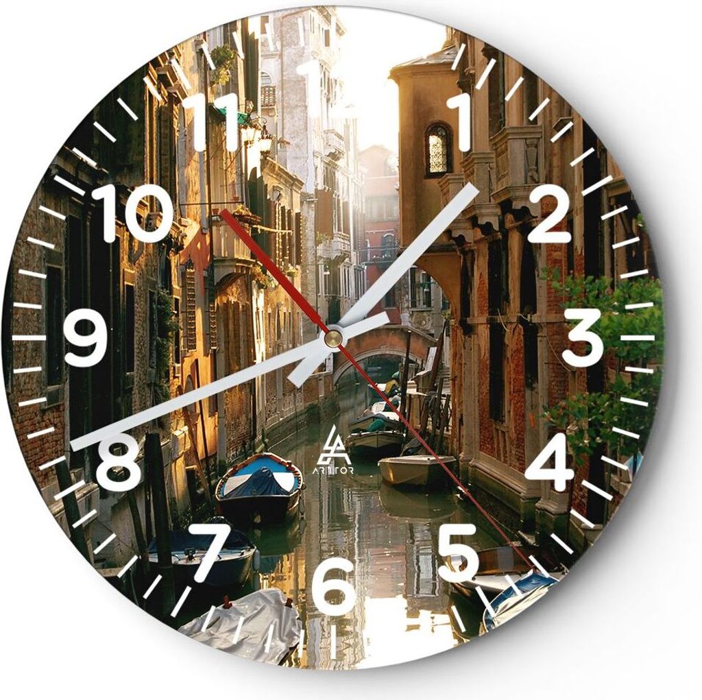 Wanduhr - Rund - Glasuhr - Venedig Brücke Wasser Haus - 40x40cm - Schleichendes Uhrwerk - Lautlos - zum Aufhängen bereit - Dekoration Modern - Wa...
