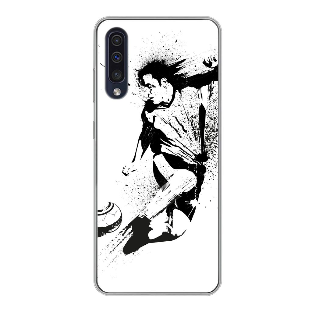 MuchoWow Handyhülle Schutzhülle Hülle für Samsung Galaxy A30s Eine Illustration einer Person, die einen Fußball in Richtung Tor schießt - J...
