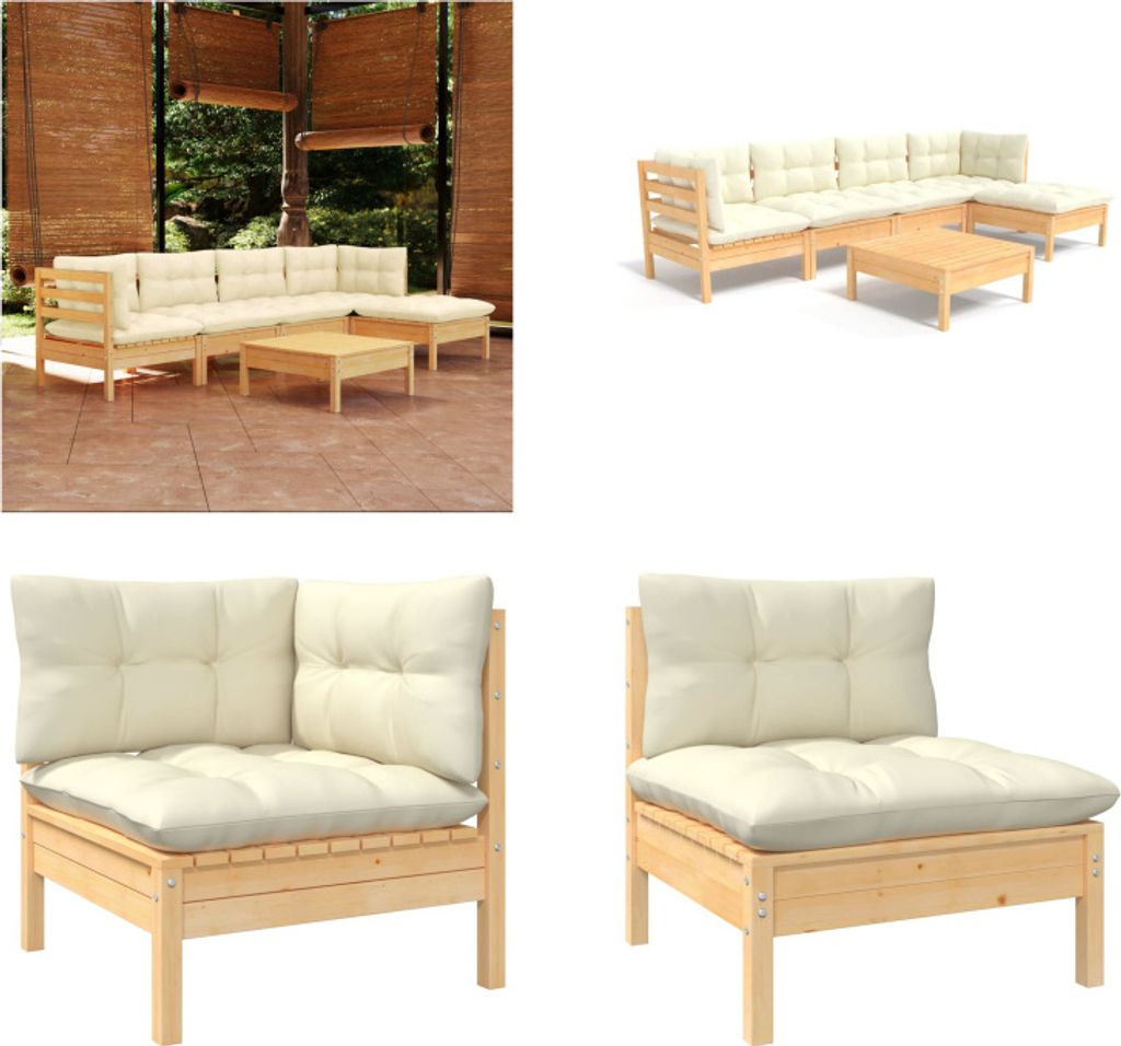 vidaXL 6 tlg. Garten Lounge Set mit Creme Kissen Kiefernholz - Garten-Lounge-Set - Garten-Lounge-Sets - Gartenmöbel-Set - Gartenmöbel-Sets