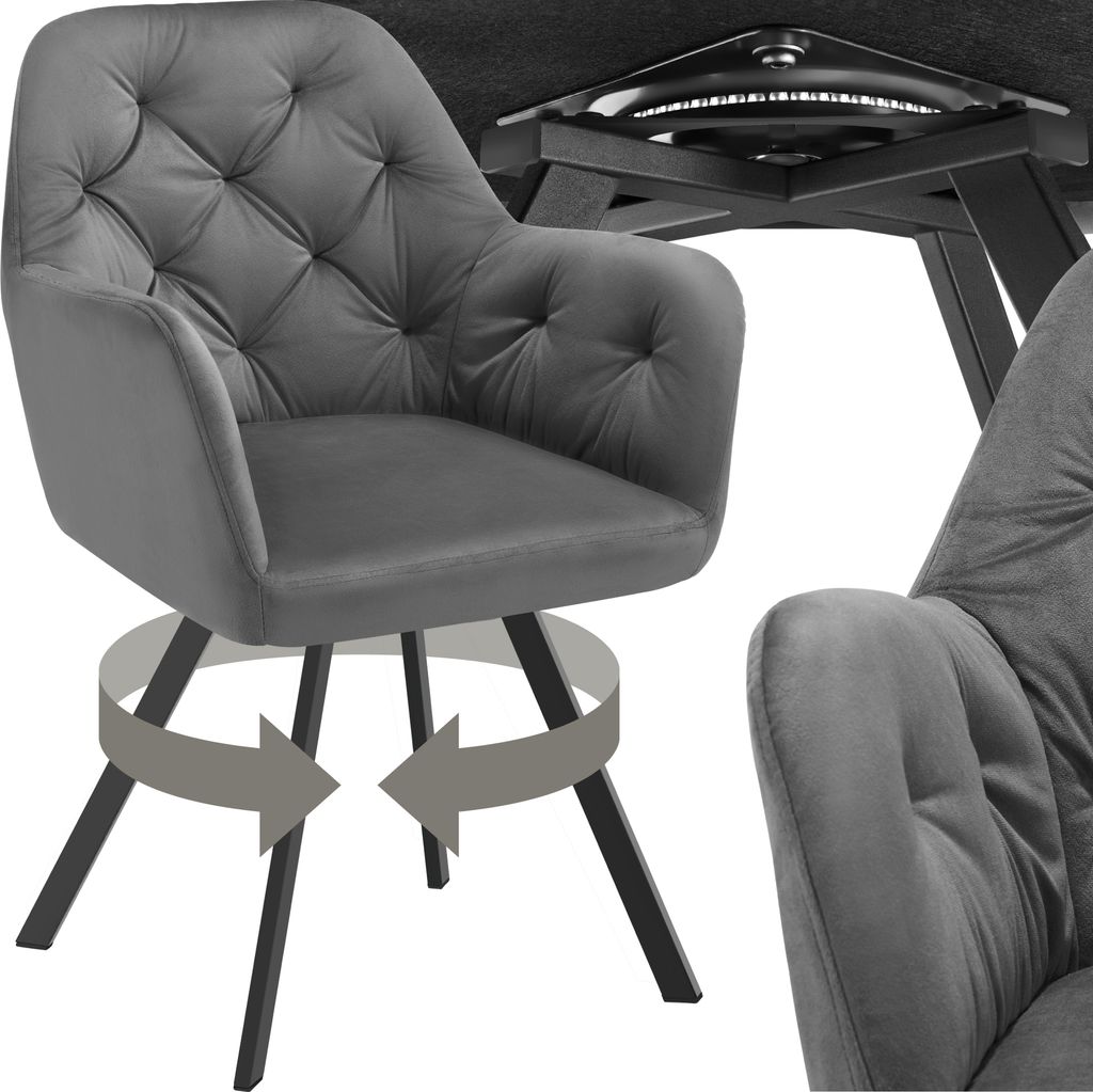 A gray upholstered armchair with a tufted back and arms, shown from the front and side. The armchair has a swivel base indicated by arrows. The base of a table is visible in the background.