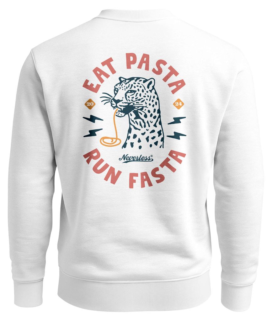 Sweatshirt Herren Pullover mit Backprint Eat Pasta Run Fasta Food Spaghetti Grafik Leopard Retro Streetwear Fashion Neverless