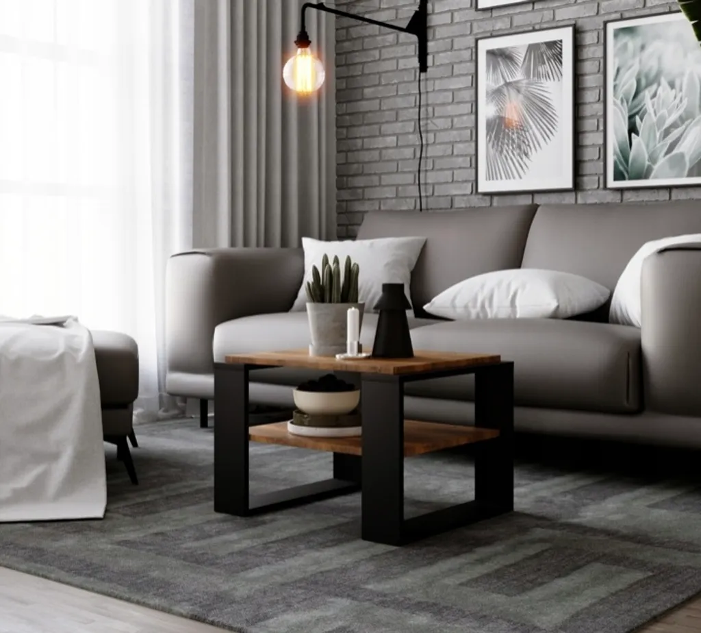 Table basse loft marron en chêne véritable avec plateau résistant