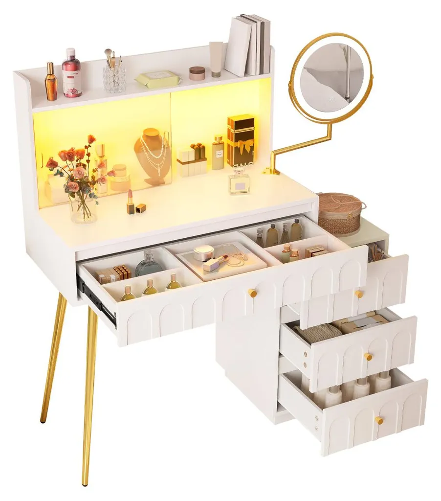 Coiffeuse blanche miroir lumineux pour optimiser le rangement - 14