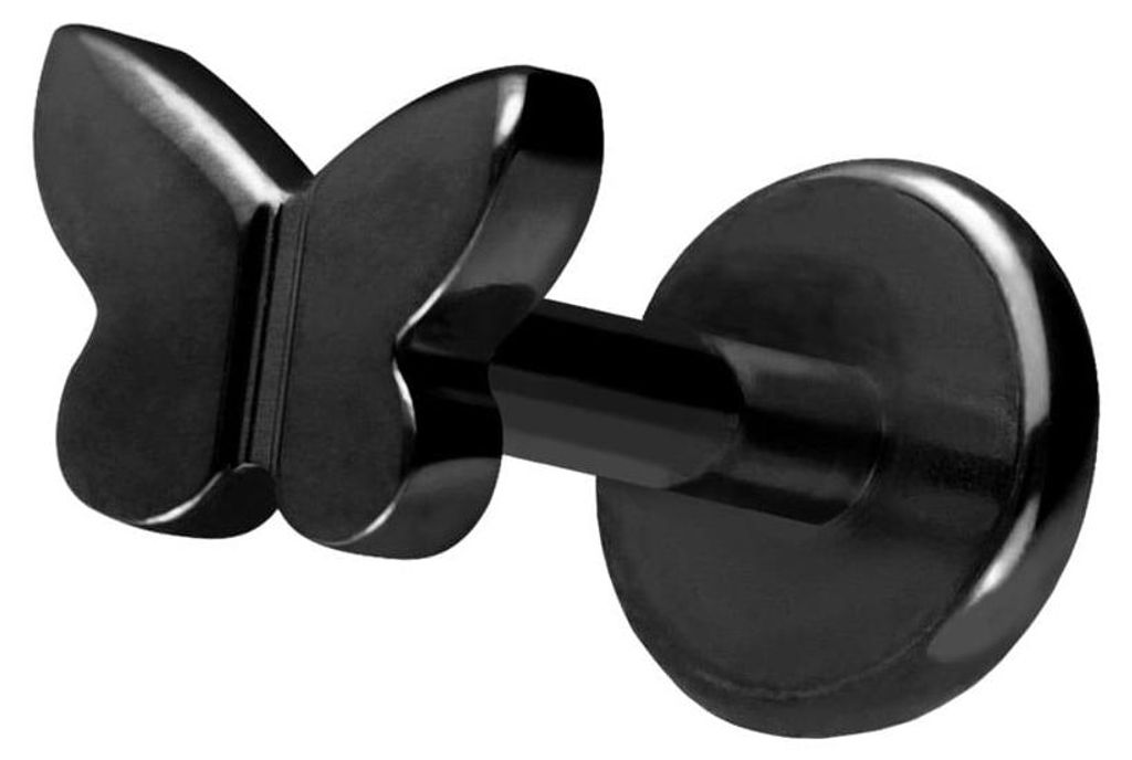 Ohrpiercing, Nasenpiercing Titan Labret mit Push Fit SCHMETTERLING Schwarz Stablänge: 5mm | Stabstärke: 1mm | Discgröße: 4,5mm