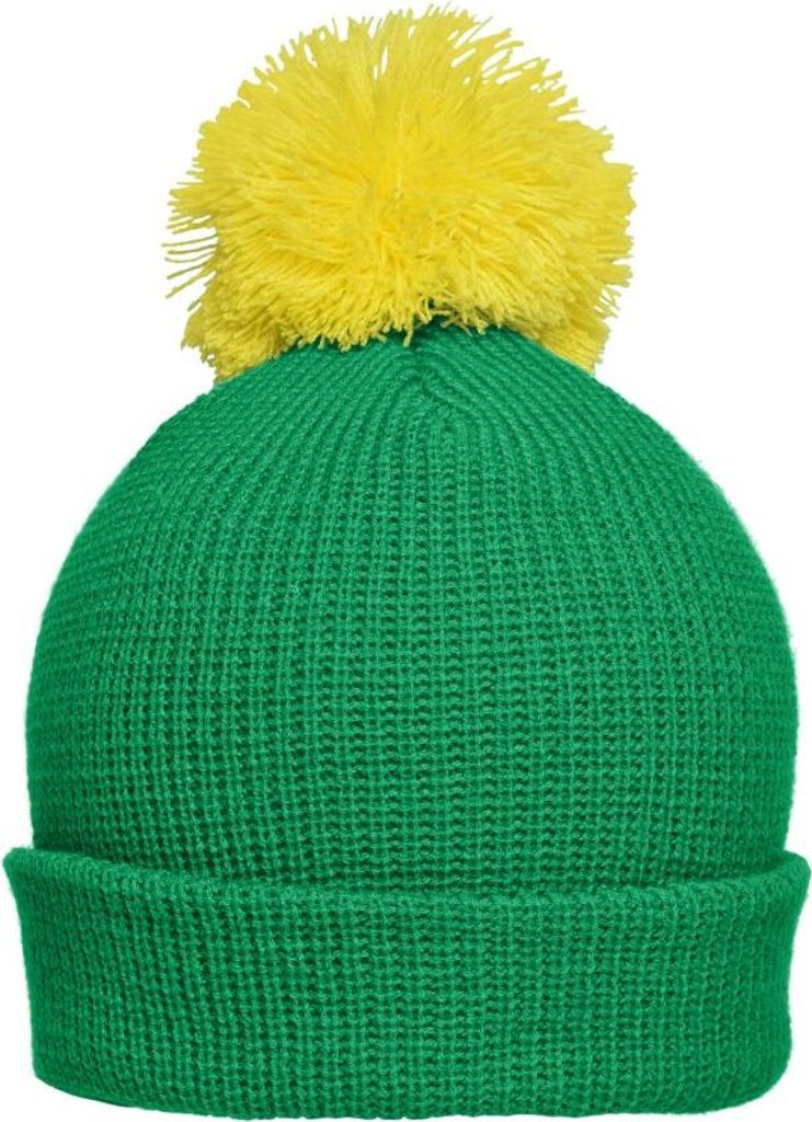 Strickmütze mit Umschlag und Pompon fern-green/yellow, Gr. one size