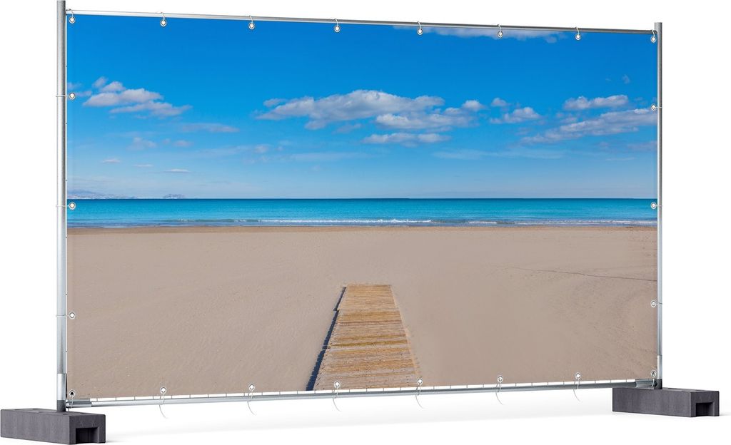 Wallario XXL Outdoor-Poster für Garten oder Balkon, Motiv Auf dem Holzweg zum blauen Meer, in ca. 340 x 173 cm