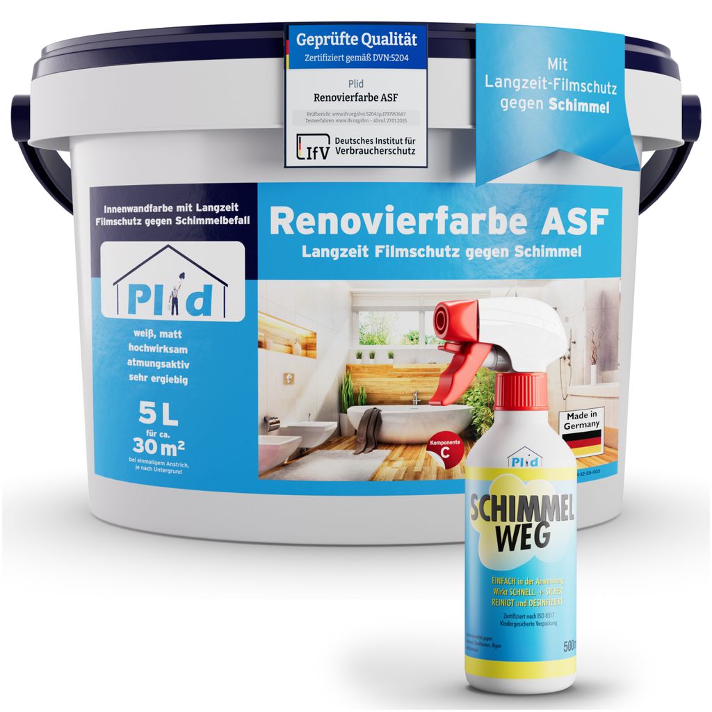 Anti Schimmel Renovierfarbe Weiß 5l inkl. Anti-Schimmelspray für ca. 30m² [DAUERHAFTER SCHIMMELSCHUTZ] - Innenfarbe für feuchte Räume, Bad & K...