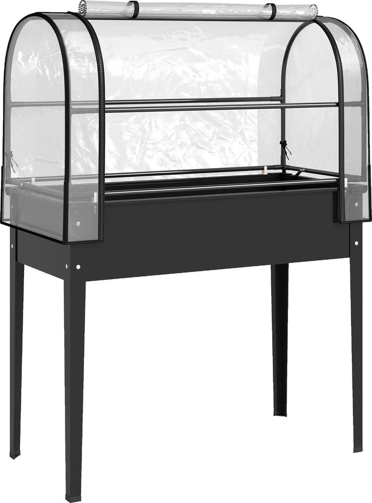 Hochbeet mit Gewächshaus-Aufsatz Pflanzkasten mit aufklappbar Abdeckung Rollbar Reißverschlusstür Abflussloch Schwarz
