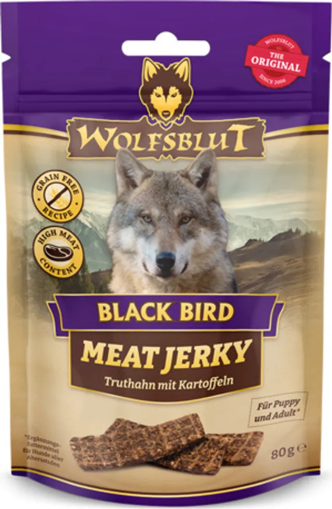 Wolfsblut Meat Jerky Black Bird 6x80g | Snack Energia per Cani Attivi