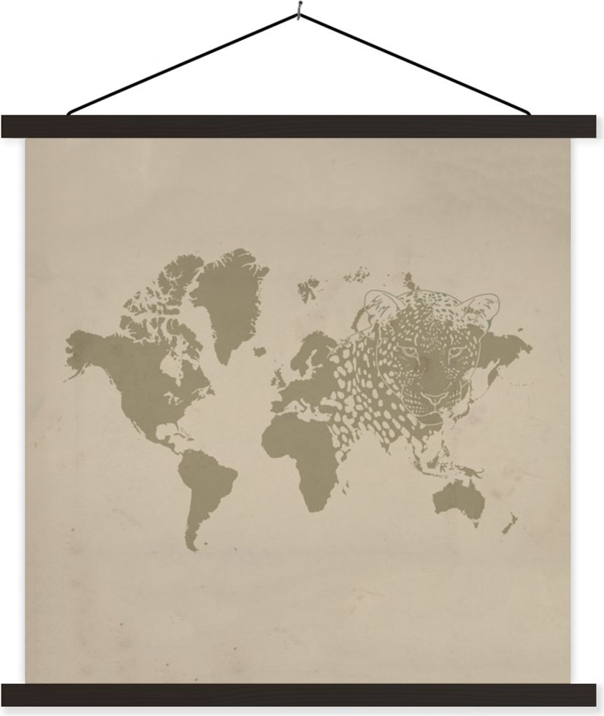 MuchoWow Textilposter Weltkarte - Panther - Braun 90x90 cm mit schwarzem Rahmen - Magnetisches