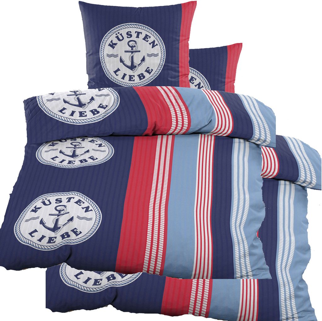 4-tlg. Seersucker Bettwäsche 2x (135x200 +80x80cm), bügelfrei, rot blau, maritim, Anker, Küstenliebe