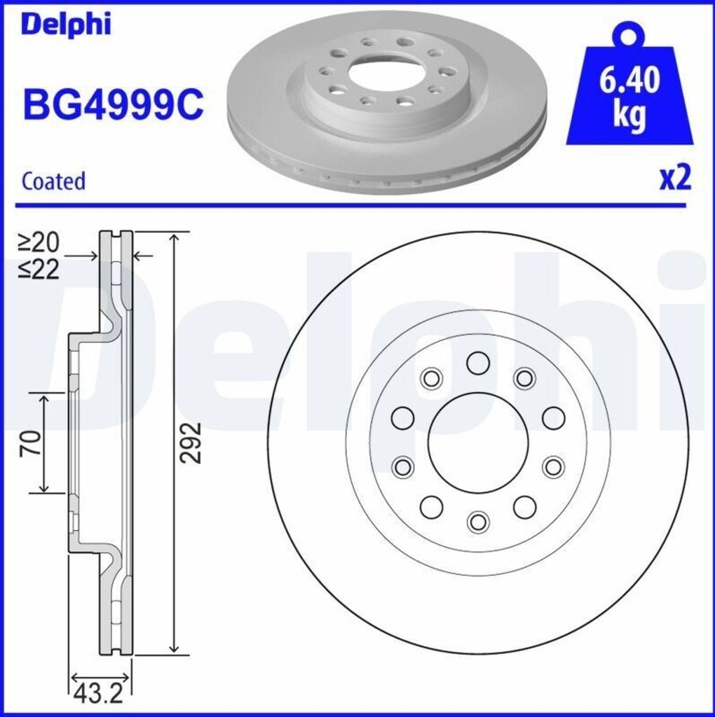 2x DELPHI Bremsscheibe BG4999C für ALFA ROMEO GIULIA (952_) Stelvio (949_) 292mm