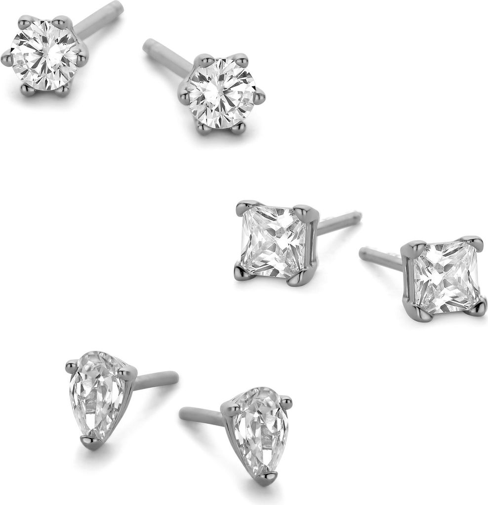 New Bling 9NB-SET034 Silberne Ohrstecker für Damen – Set – 3 Paar – Tropfenform – rund – quadratisch – Zirkonia – silberfarben