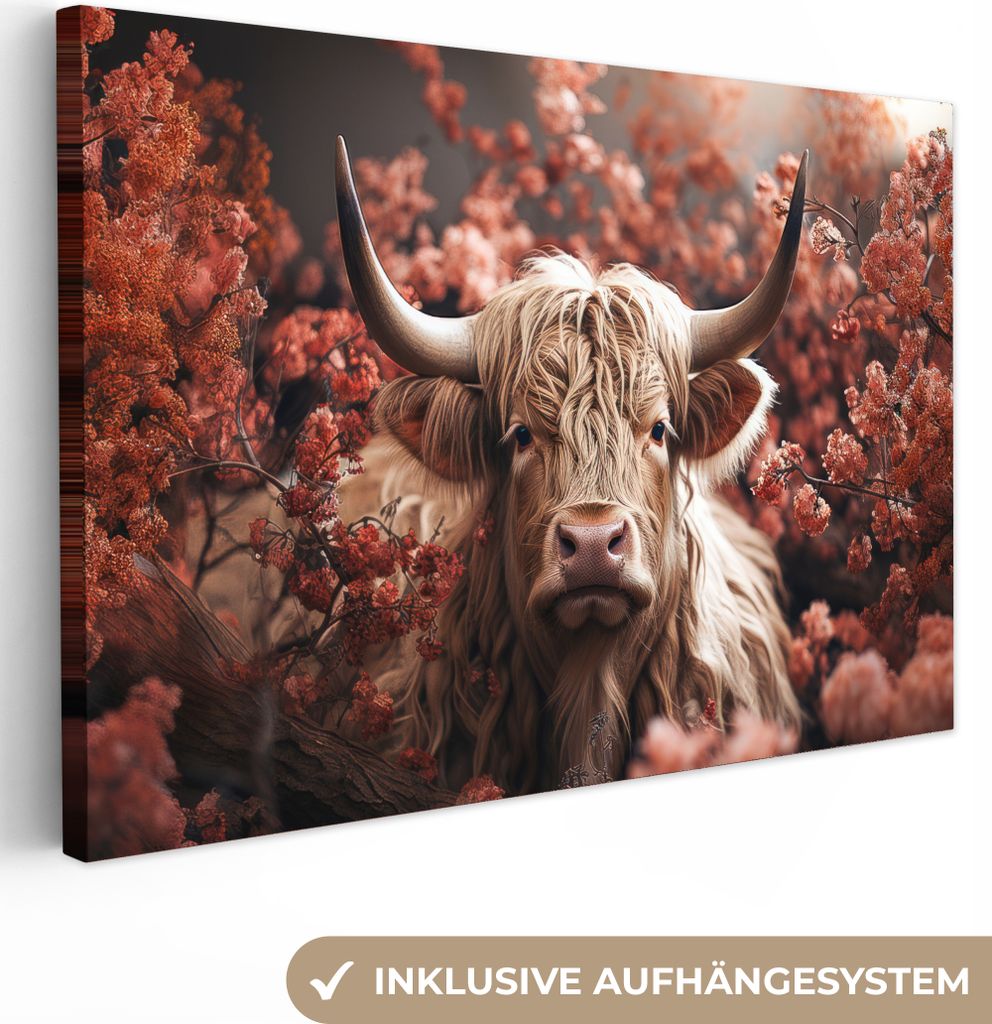 MuchoWow - Leinwandbilder - Schottische Highlander - Tier - Natur - Blumen - Botanisch, Wandbild, Wanddeko Bilder Wohnzimmer, 90x60 cm