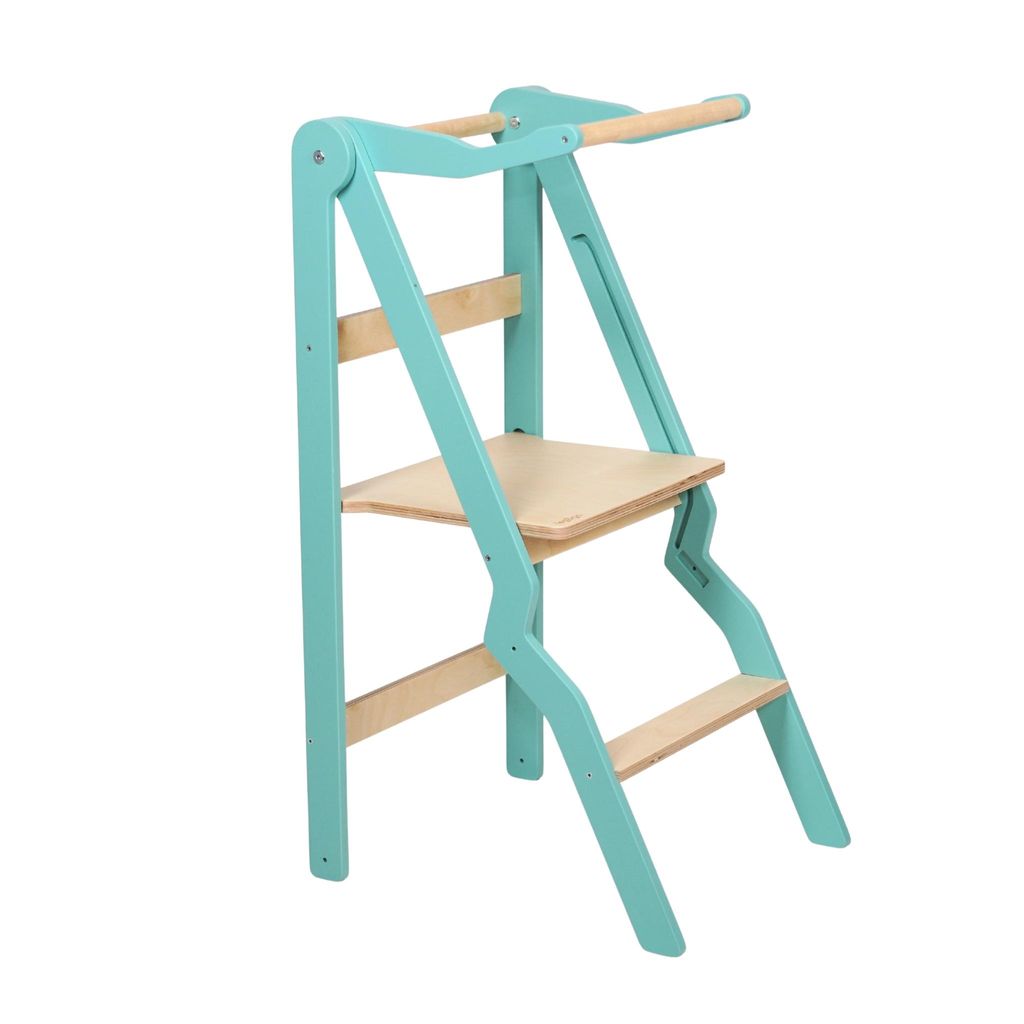 leg&go Klappbarer Lernturm aus Holz ZigZag mit extra Sicherheitsgeländer, Türkis