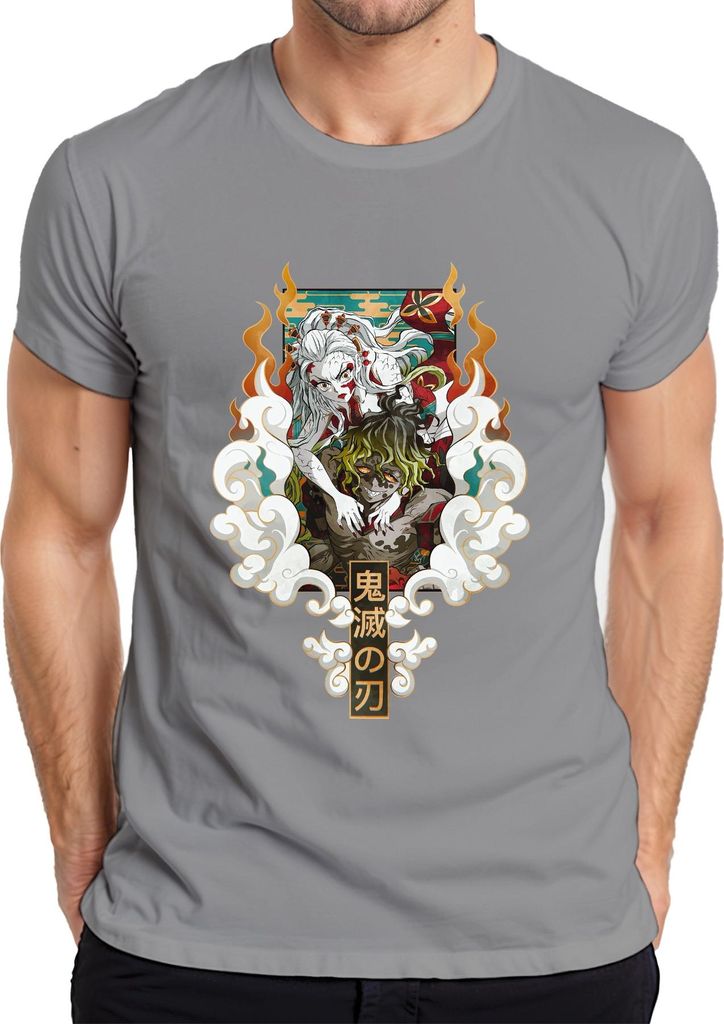 鬼滅の刃 Daki Gyutaro Dämonen Zwillinge Fan Geschenk Anime Manga Herren T-Shirt, Grau, XL