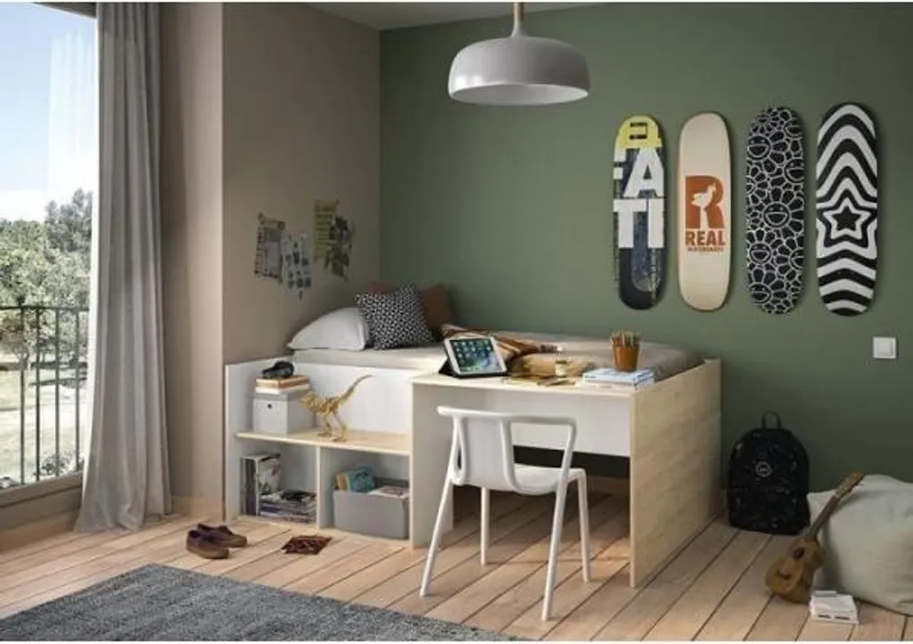 Lit combiné enfant OSCAR 90x190 cm - Chêne clair et Blanc - Diagonal - 2