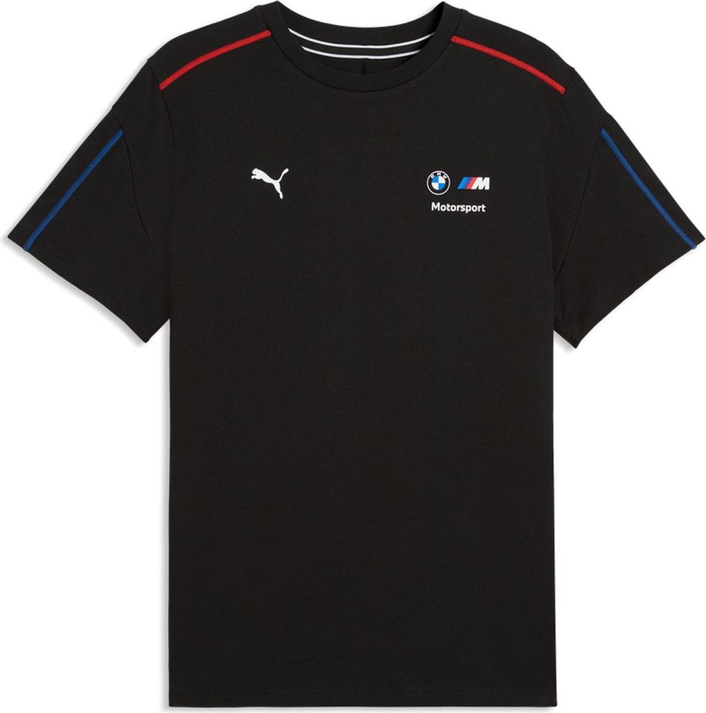 BMW M Motorsport T-Shirt MT7 Puma 2026, Offizieller Fanartikel, Schwarzes Shirt mit M-Streifen-Paspeln und BMW Branding, Rundhals, 100% Baumwolle