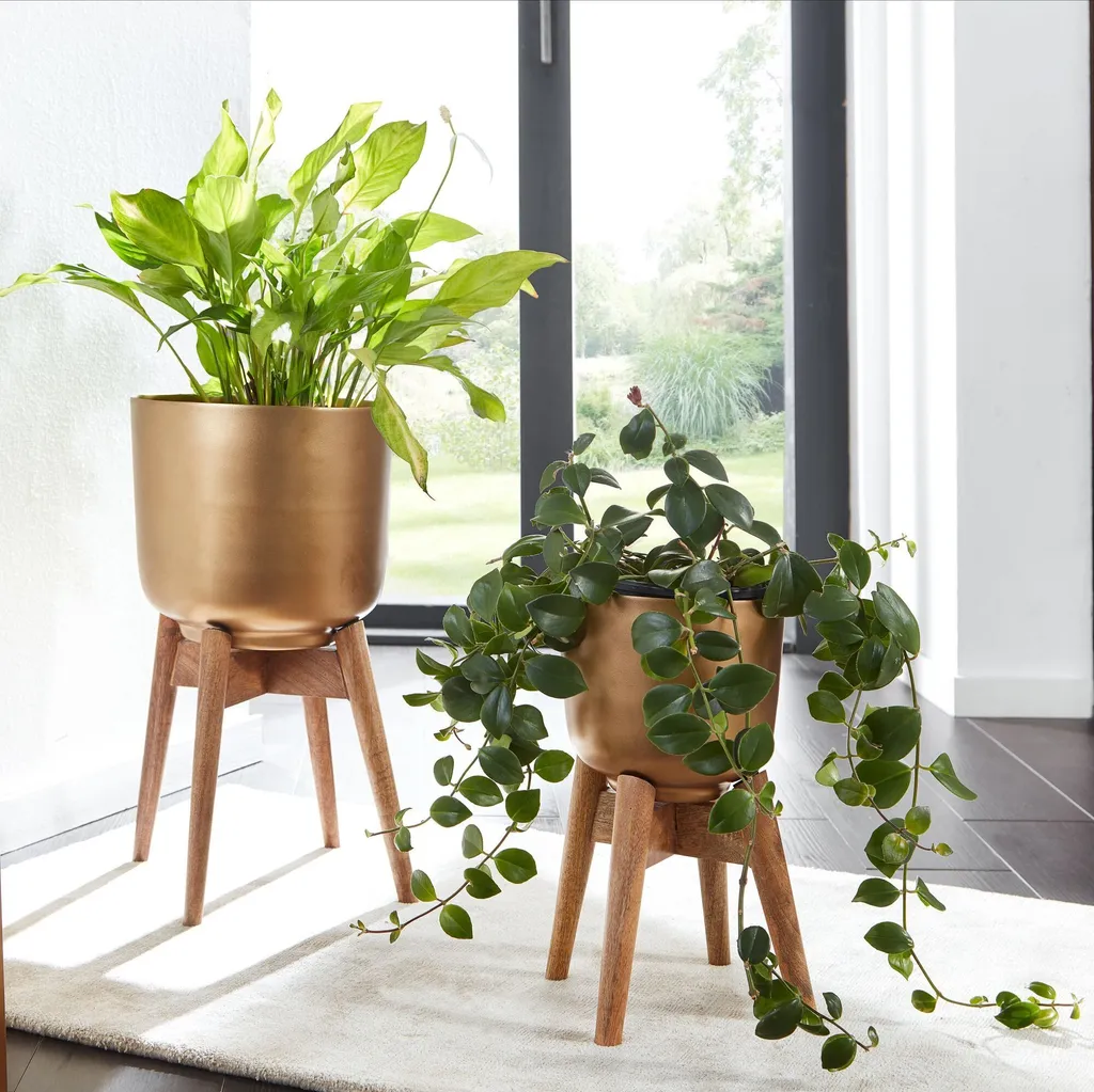 Set de 2 cache-pots dorés en métal et bois massif Wohnling WL6.642