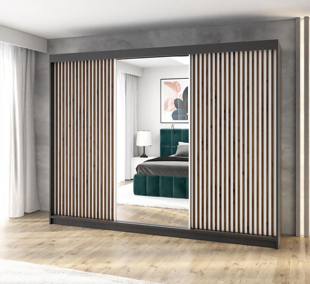Schwebetürenschrank, 3-türig Schrank mit 4 Schubladen, und Spiegel 3D-Lamellen Premum! Moderne Garderobe für Kleidung. Verschiedene Farben (Wei...