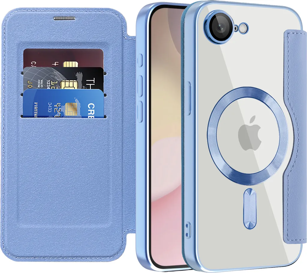 Custodia per iPhone 16e compatibile con MagSafe, custodia trasparente con portacarte, custodia in pelle con protezione per fotocamera Azzurro
