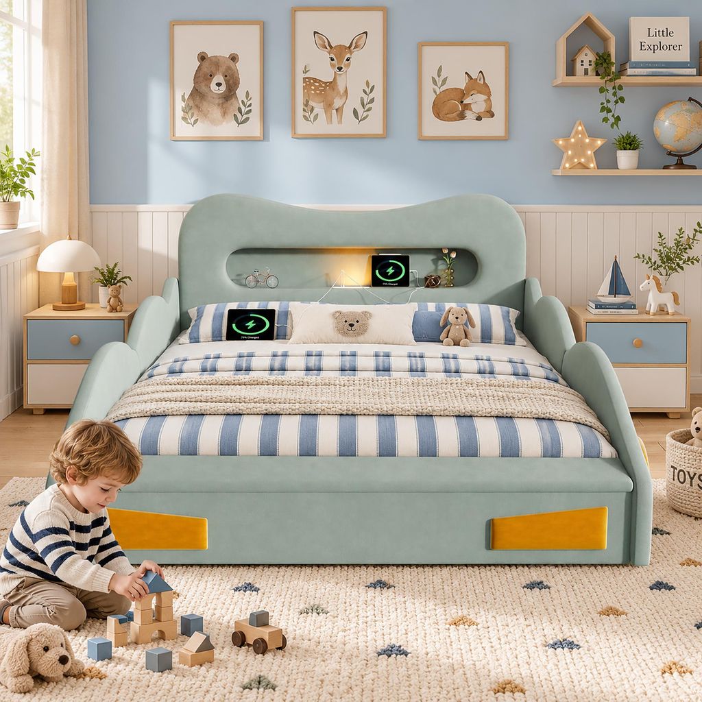 Kinderbett 140 x 200 cm Auto-Design Polsterbett aus Flanell Produktbild 