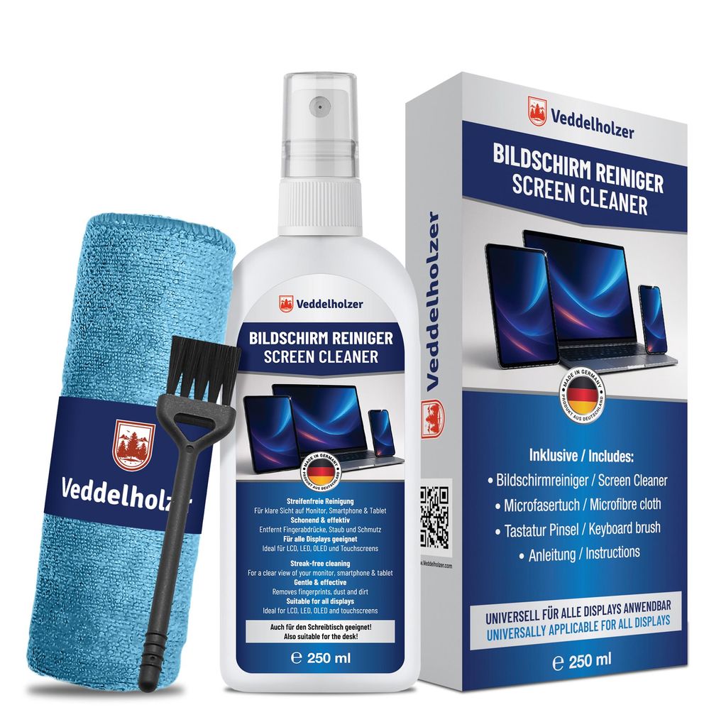 Veddelholzer 250 ml Bildschirmreiniger Set – Displayreiniger mit Mikrofasertuch & Tastaturpinsel – Für Laptop, Monitor, TV, Smartphone, Auto D...
