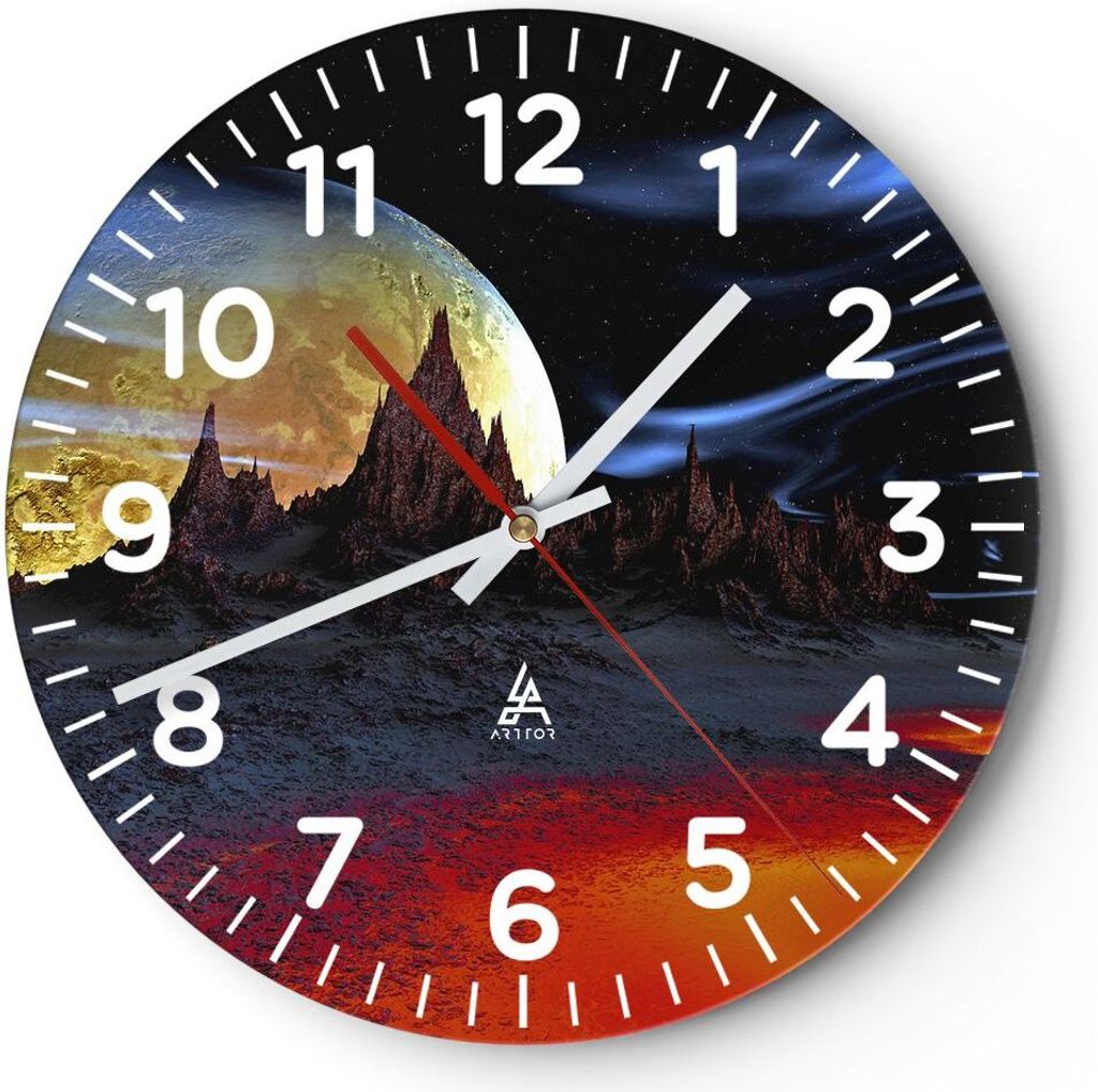 Wanduhr - Rund - Glasuhr - Planeten Mond Universum - 40x40cm - Schleichendes Uhrwerk - Lautlos - zum Aufhängen bereit - Dekoration Modern - Wandde...