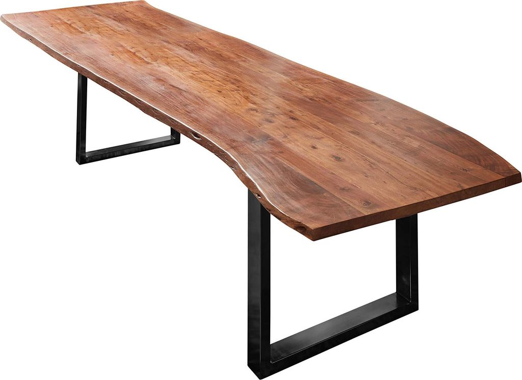 Esszimmertisch 260x100 cm Umea, Baumkantentisch nussbaumfarben, Akazienholz massiv, U-Gestell aus Metall schwarz