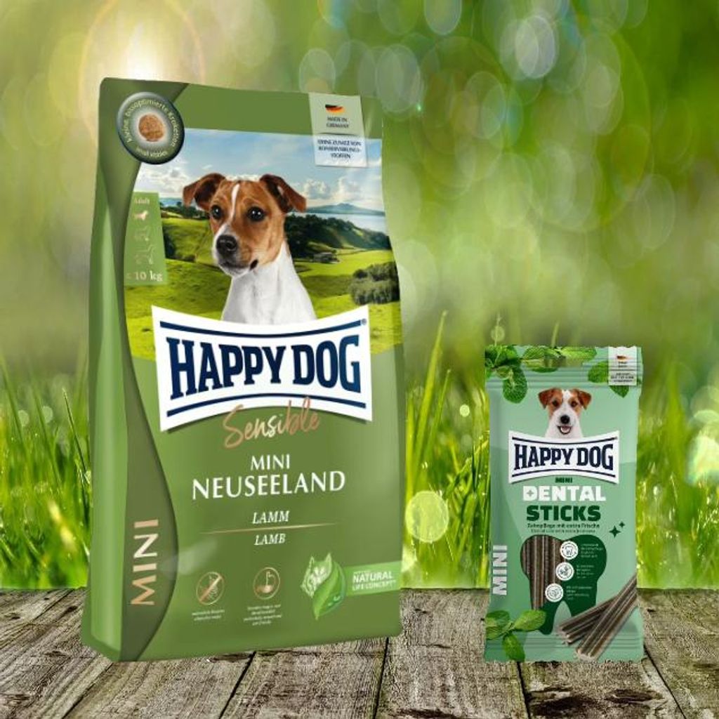 Happy Dog Supreme Mini Neuseeland 4 kg + Happy Dog Dental Snacks Dental Sticks Mini
