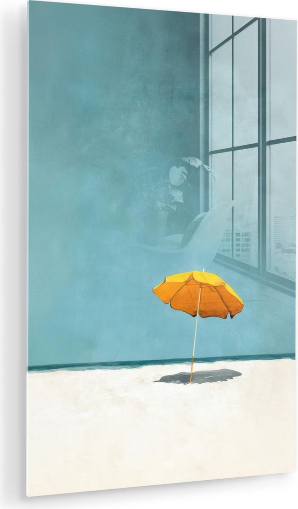 MuchoWow Glasbilder - Bilder auf Wandbild - Foto auf Glas Sonnenschirm - Gelb - Strand - Meer 60x90 cm Wanddekoration aus Glas - Acrylglasbild - Ac...