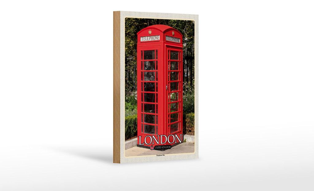 Holzschild Städte London United Kingdom Telephone Box 12x18 cm