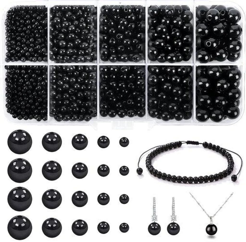 Perles rondes noires en vrac de 4 à 10 mm avec perçage facile pour le fil