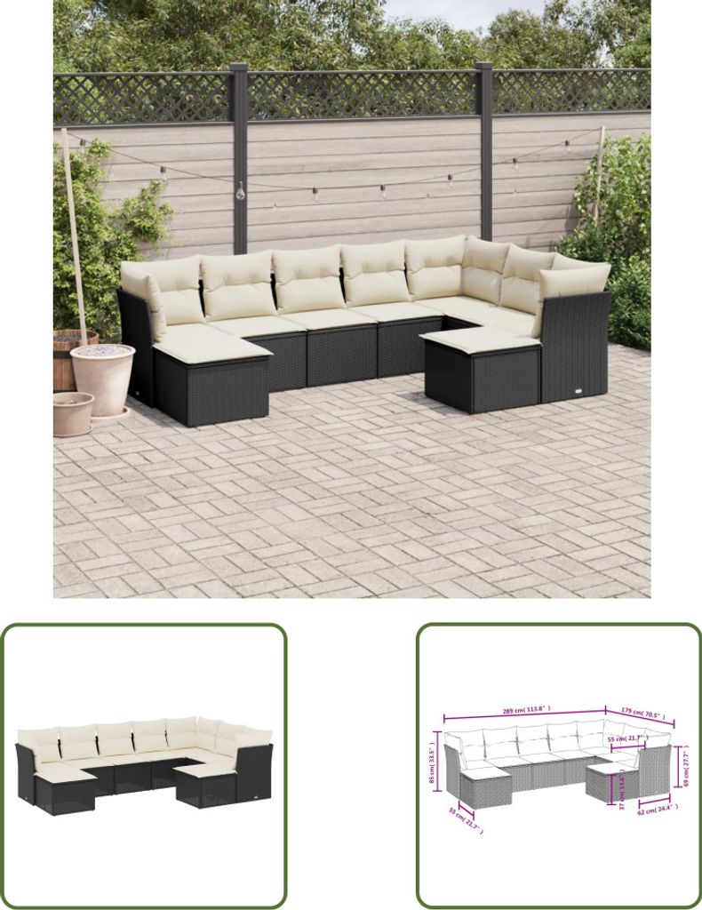 The Living Store 9-tlg. Garten-Sofagarnitur mit Kissen Schwarz Poly Rattan