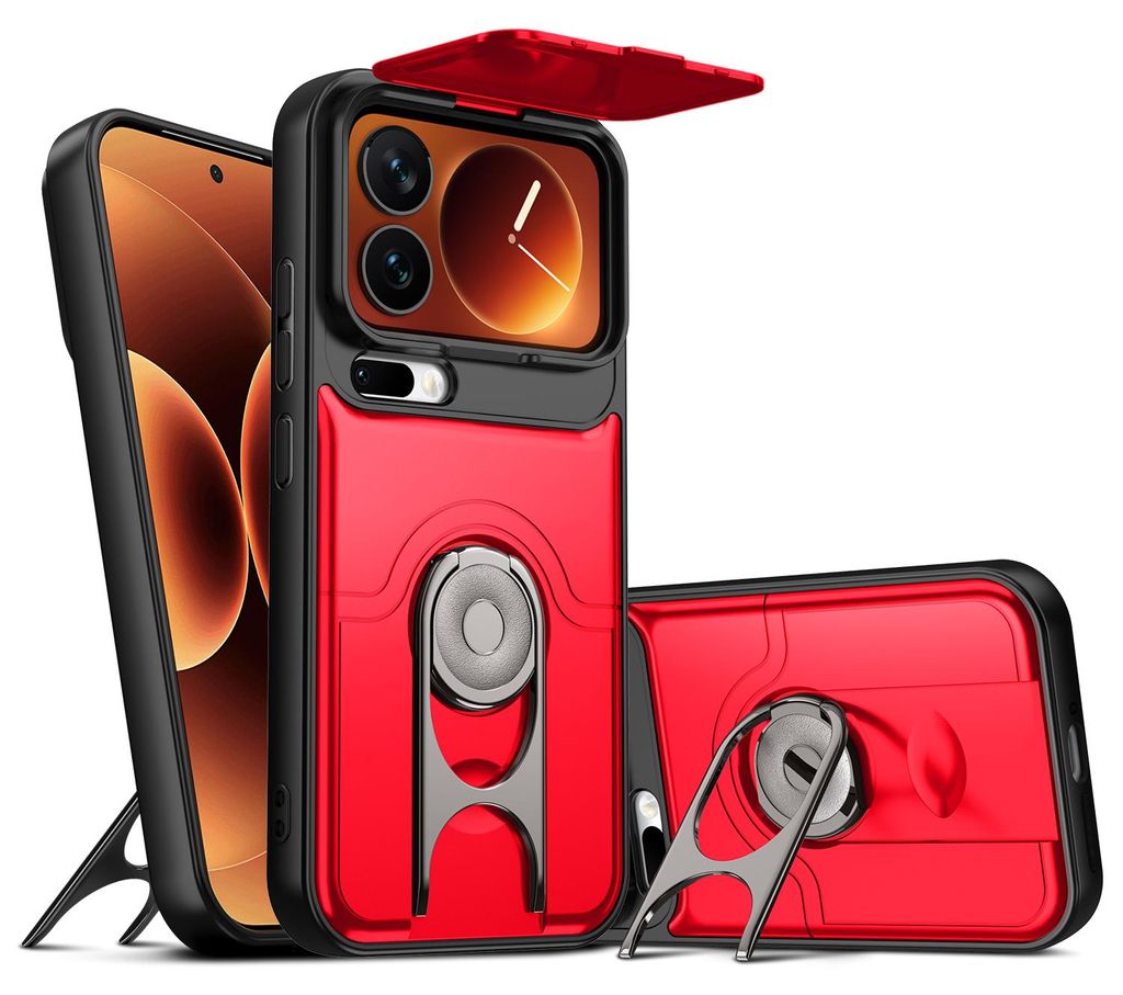Handyhülle für Xiaomi 17 Pro mit Dia Kameraschutz und Ringhalter Ständer, Stoßfeste Hybrid Schutzhülle Rot