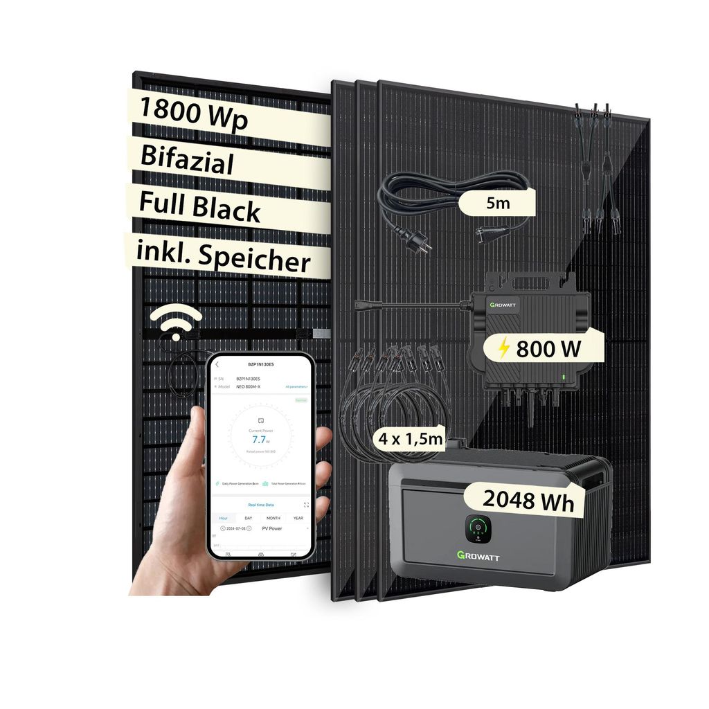 VALE Balkonkraftwerk 1800 Wp mit Speicher Bifazial | Growatt Noah 2.048Wh & Neo 800M-X | 4x 450Wp Full-Black, 5m AC, WiFi