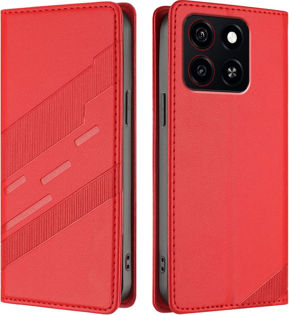 A red flip-style phone case is shown from two angles, open and closed.