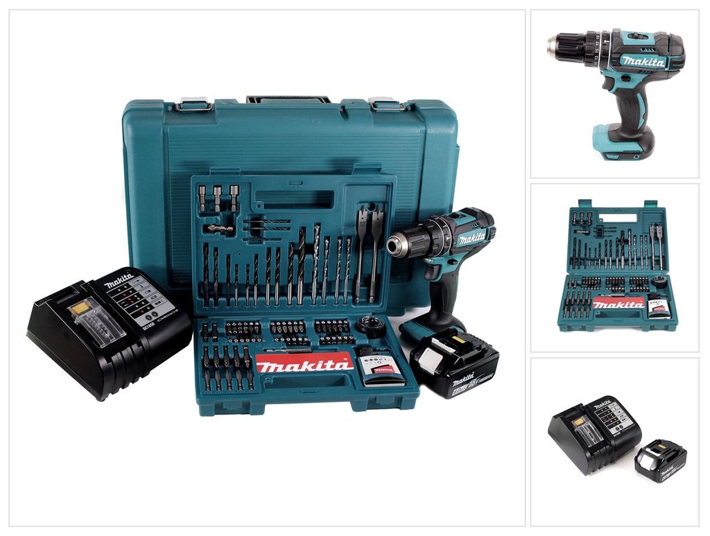 Makita DHP 482 SGK Akku Schlagbohrschrauber 18V 62Nm + 1x Akku 6,0Ah + Ladegerät + 100 tlg. Bit Bohrer Set + Koffer