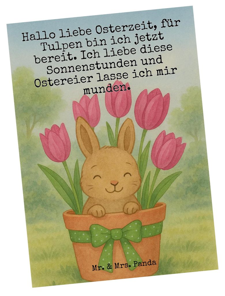 Mr. & Mrs. Panda Grußkarte Hase Tulpen Design - Weiß - Geschenk, Ansichtskarte, Postkarte, Blumenstrauß, bildkarte, Ostergeschenk, Postkarten, O...