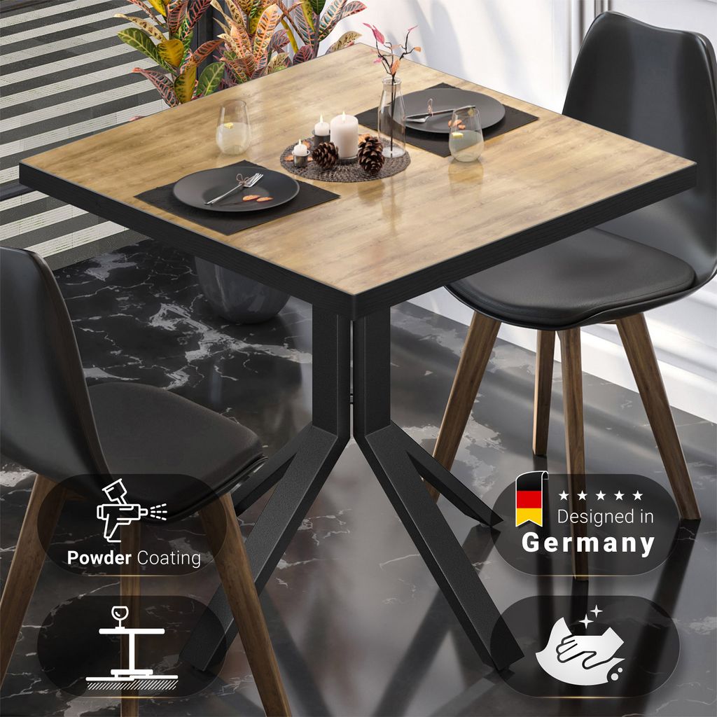 BE | Bistro Tisch | 60 x 60 x 74,5 cm | Quadratisch | Schwarz Rand | Eiche / Schwarz | Bistrotisch Gastro Tisch