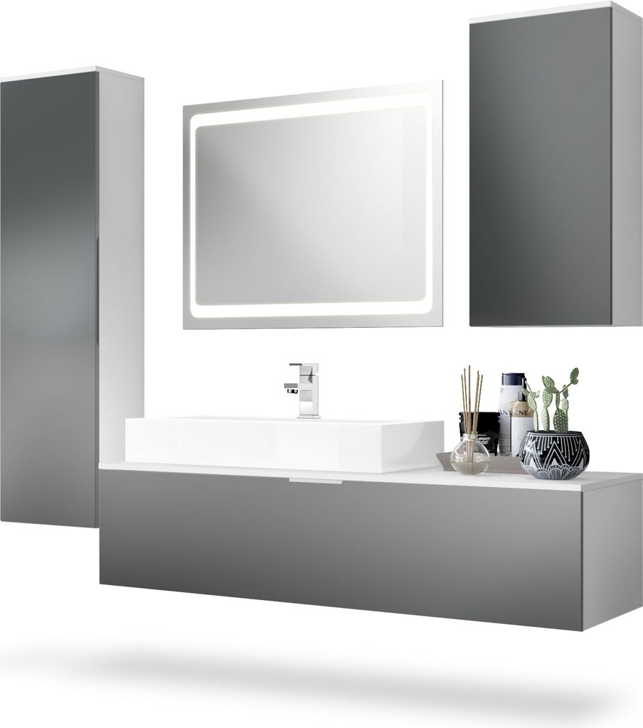 Vladon Badmöbel Komplettset Beach, Germany, Korpus in Weiß matt / Fronten in Graphit seidenmatt, mit LED Spiegel, Aufsatzwaschbecken und Armatur