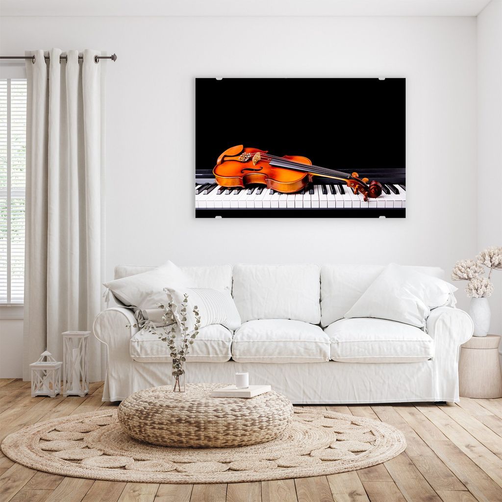 Glasbild Wandbild Geige auf Klavier 75x50cm in XXL für Wohnzimmer, Schlafzimmer, Badezimmer, Flur