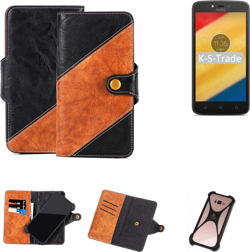 K-S-Trade Handyhülle Schutzhülle Bookstyle Case Wallet-Case kompatibel mit Motorola Moto C Handy Cover Bumper Klapphülle schwarz hellbraun 1x